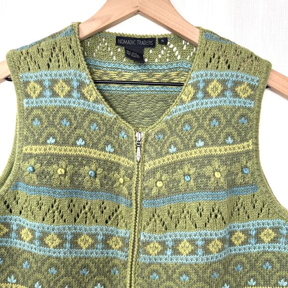Fair Isle Sweater Vest Size S Cotton Blend Knit Emroidery‎ Floral Stripes Zip Up - Picture 2 of 8